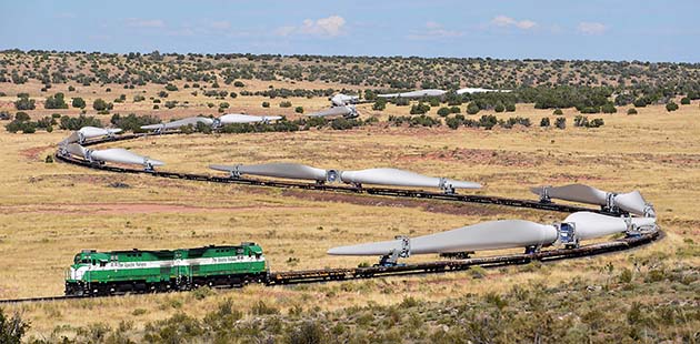Photo by Ted FerkenhoffThis Apache Railroad train loaded with wind turbine blades was headed for the Chevelon Butte Wind Farm last month. The train was carrying 27 blades, each blade is 225-feet long. The blades are brought to Snowflake by rail and then trucked individually to the wind farm south of Winslow.
