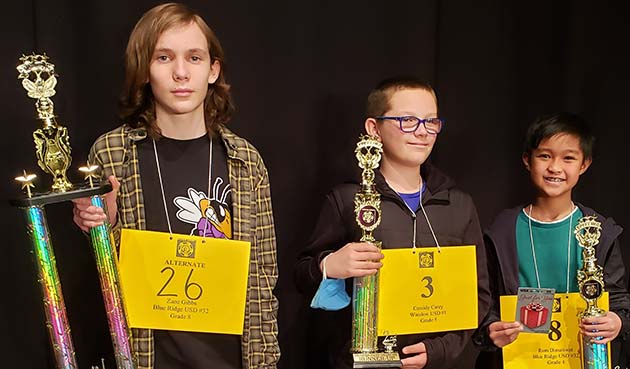 Photo courtesy of the Navajo County Superintendent of SchoolsThe Navajo County Spelling Bee hosted by the Navajo County Education Service Agency, was held Feb. 17, at the Snowflake Unified School District auditorium with 37 participants. The winning word of “augment” was spelled by the champion Zane Gibbs (left), an eighth grade student from Blue Ridge Unified School District. The runner-up is Cassidy Carey (center), a fifth grade student from Winslow School District and third place went to Ram Dimaliwat (right), a fourth grade student from BRUSD. The State Spelling Bee will be held on March 18 at the Madison Center for the Arts in Phoenix.