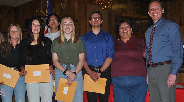 Photos courtesy of the Holbrook Elks Lodge No. 2450Most Valuable Student Scholarship winners receiving scholarships in the amount of $2,000 each include HHS students (left to right) Riley Reidhead, Macy Moore, Ramon Liu, Kelly Hill and Cade Shumway. Not pictured is Jason Ramirez who was the recipient of a $1,500 scholarship. Also pictured are Elks Lodge Leading Knight Yolanda Lincoln (second from right) and Holbrook High School Principal Clete Hargrave (far right).