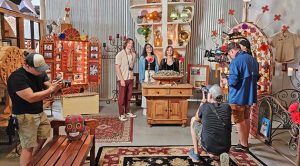 Photo by Dan LutzickAmbient Skies film crew visits Snowdrift art studio in Winslow as they make their film showcasing the best of what the town has to offer.