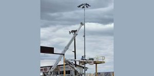 Photo by Tim KelleyThe Navajo County Fair is fast approaching and as part of the preparation, the fair board and Navajo County have come together for an approximately $200,000 upgrade to the rodeo arena lights. According to fair board Vice President Rusty DeSpain, the upgrades will be more economical and safer as some of the older poles were beginning to lean. Arizona Public Services assisted with setting up the poles. The fair comes to the community of Holbrook, Sept. 13-16.