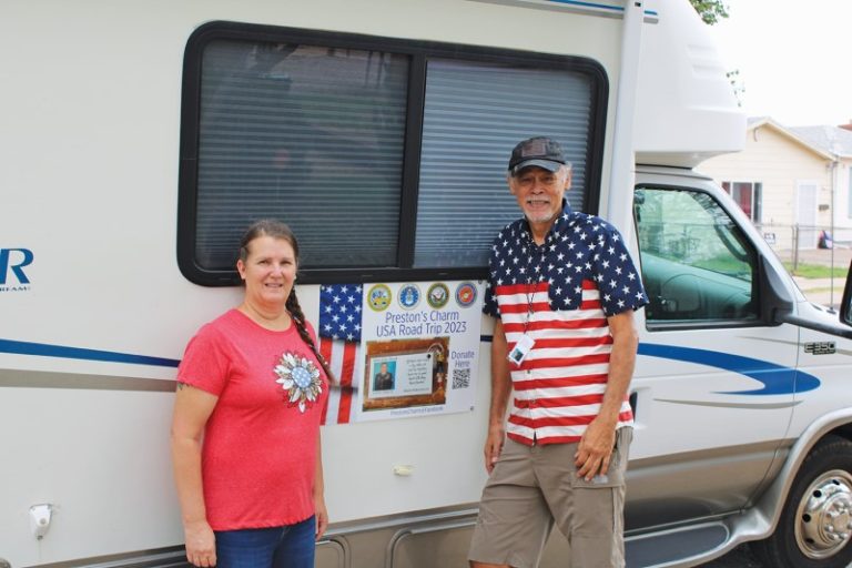 Photo by Shawn WhiteBridget Bagley (left) and Hogan Hilling (right) standing in front of Hilling’s RV right before leaving to leave the charms in all 50 states.