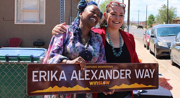 Photo by Shawn WhiteErika Alexander (left) with Mayor Birdie Cano (right), after the dedication of Erika Alexander Way on the corner of Aspinwall Street and Donnelly Avenue in Winslow.