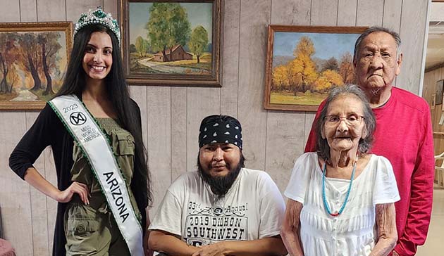 Photo by Lisa SalazarFormer Holbrook resident and Holbrook High School Class of 2018 graduate Sukie Cheema was recently crowned Miss World America Arizona, a beauty competition that selects the representative for Arizona in the Miss World America pageant. Cheema now resides in Buckeye but she recently paid her hometown a visit and stopped in to visit with residents at the Holbrook Senior Citizens Center. Pictured are (left to right) Cheema and residents Gibson Nez, Nellie Tso and Harrison Gorman.