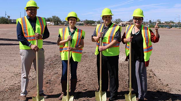 Photo by Shawn WhiteCity officials taking part in the ground breaking for the construction of the new Winslow Public Library include (left to right) County Supervisor Alberto Peshlakai, Head Librarian Brandee Leary, Winslow City Manager David Coolidge and Mayor Birdie Cano.