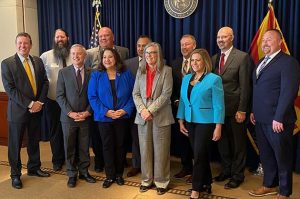 Community college leaders recently met with Governor Katie Hobbs. Pictured are (front row, left to right) Todd Haynie, Eastern Arizona College; Dolores Duran-Cerda, Pima Community College; Katie Hobbs, Governor; Lisa Rhine, Yavapai College, (back row) Daniel Corr, Arizona Western College; Andrew Clegg, Central Arizona College; JD Rottweiler, Cochise College; Steven Gonzales, Maricopa Community Colleges; Stacy Klippenstein, Mohave Community College; Chato Hazelbaker, Northland Pioneer College; and Eric Heiser, Coconino Community College.