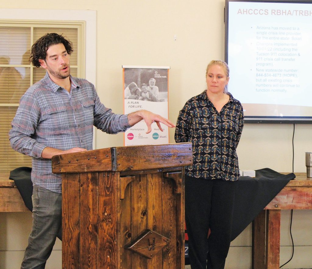 Anthony Mancini (left) and Allison Hephner (right) from Arizona Complete Health gave a presentation about the mental health resources offered the community to the business leaders at Good Morning Winslow. Photo by Shawn White