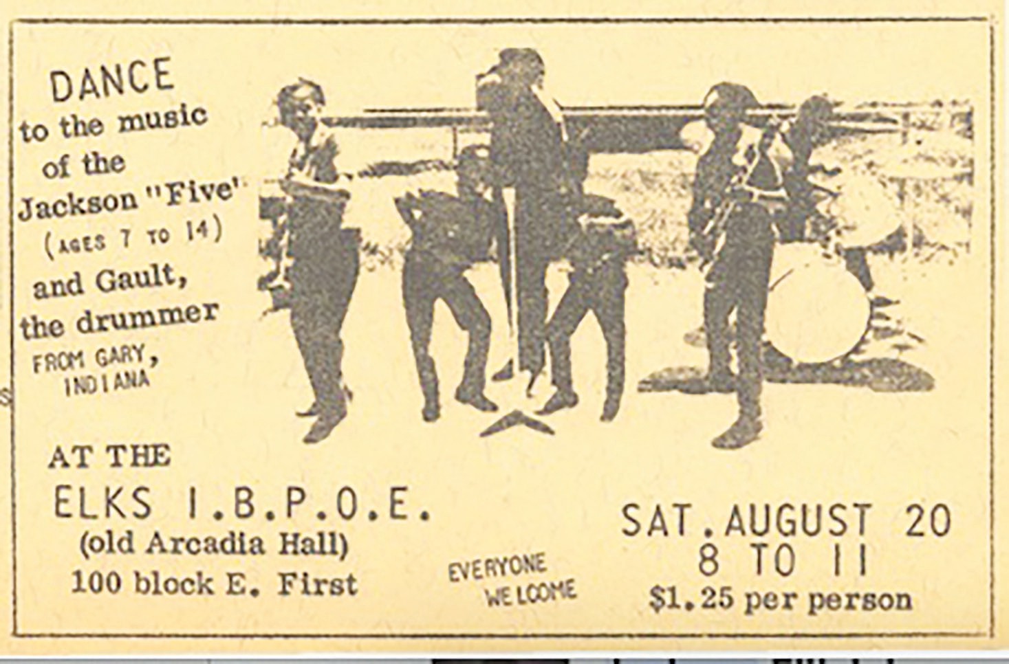 One of the then- musical unknown acts that appeared at Arcadia Hall their Jackson performance 5. The at group the hall. rose The to fame was the boys’ shortly residents grandparents after of Winslow at the time. were Photo courtesy of the Winslow Public Library
