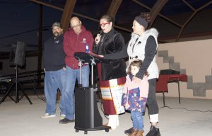 Photo by Linda KorWinslow Mayor Birdie Cano (second from right) addressed those present at the Winslow Christmas tree lighting. Also in attendance were council members (left to right) Daniel Tafoya, Jim MacLain and Darcy McKee.