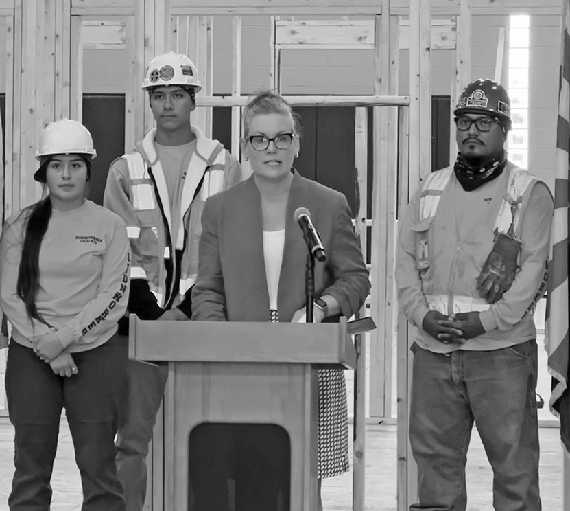NPC graduates Ayana Trujillo Estrada a 2nd period apprentice (left) and Destin Bauer also a 2nd period apprentice (second from left), stand with Governor Katie Hobbs (second from right) and Victor Prieto journeyman ironworker (right) during a recent visit with the Iron Workers Union during National Apprenticeship Week. Photo courtesy of Northland Pioneer College